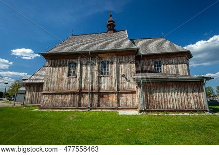 Przysiolek, Lubelskie, Poland - May 14, 2023: Historic Wooden Roman Catholic Church From 1746, Side 