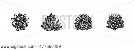 Linotype Floral Icon Collection In Whimsical Vector Art. Decorative Foliate Design For Rustic Botany