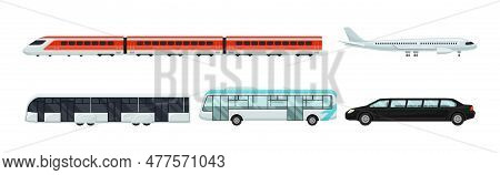 Airport Transport With Plane, Train, Bus And Car Tranfer Vector Set