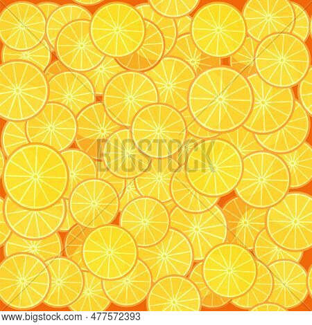 Fresh Orange Sliced Seamless With Circle Orange Juicy Background. Tropical Sweet Fruit Texture.