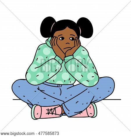 Depressed Kid Looking Lonely. Sad Little Girl Sitting Alone. Illustration Of A Sad Child, Helpless, 