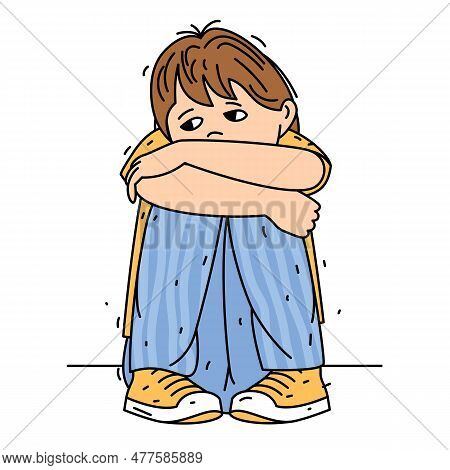 Depressed Kid Looking Lonely. Sad Little Boy Sitting Alone. Illustration Of A Sad Child, Helpless, B
