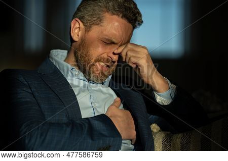 Tired, Headache And Eye Strain. Businessman With Stress, Burnout And Fatigue Eyestrain. Mature Middl
