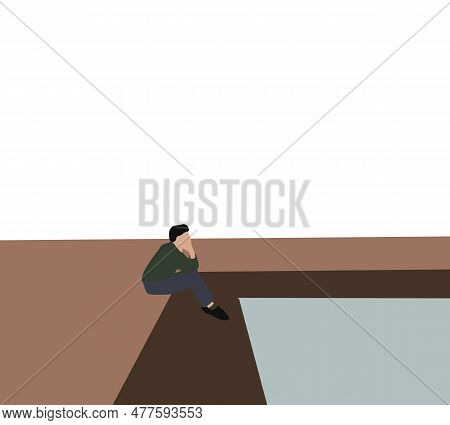 Man Sitting Lonely Looking At Lake With Relaxing Mood, Lonely Man, Asian Man Travel Alone.. Empty Pl