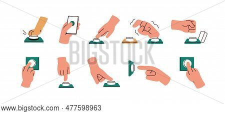 Hands Pushing, Pressing Button Set. Fingers, Fist Touching, Hitting, Activating, Turning On, Switchi