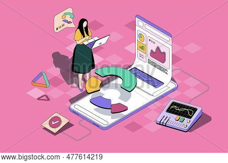 Business Statistics Concept In 3d Isometric Design. Woman Analyzing Stock Market On Diagrams, Charts
