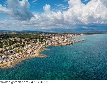 Cityscape And Beach Drone Landscape Panorama Can Picafort, Balearic Islands Mallorca Spain. Vacation