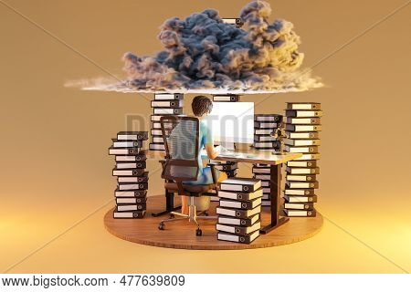 Man Sitting At Pc Office Workplace On Infinite Background With Stacks Of Document Binders And Cloud 