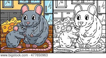 This Coloring Page Shows A Mother Mouse And Baby Mouse. One Side Of This Illustration Is Colored And