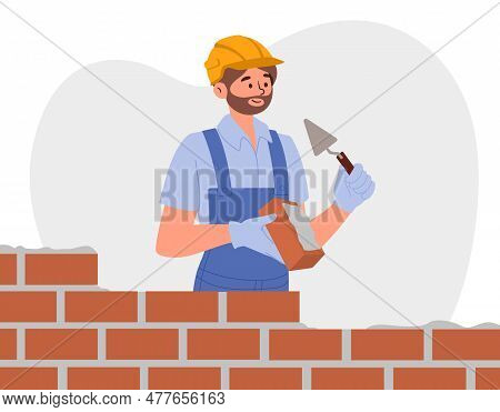 Stonemason Work With Bricks Concept. Man In Uniform And Protective Helmet With Spade Builds Wall. Co