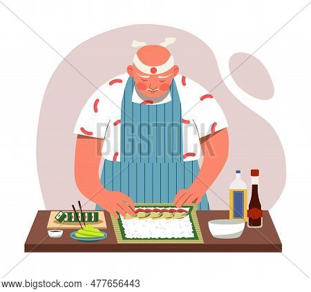 Preparation Of Sushi Process Concept. Elderly Man In Bandage On His Head Prepares Rice And Fish Dish