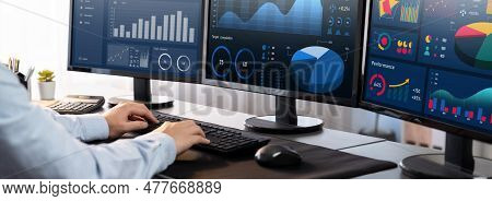 Analyst Working On Data Analysis Or Bi Dashboard On Computer Monitor. Businessman Analyzing Financia