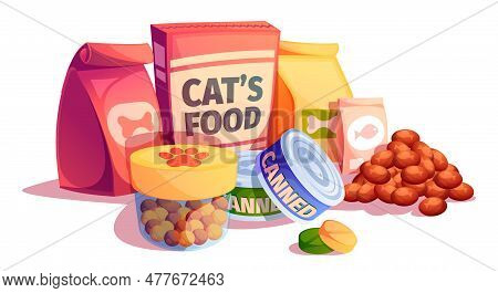 Pet Food Packs. Nature Food For Animals, Veterinarian Supplies With Pets, Food For Animals With Paw,