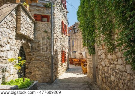 Romantic Old Street In Historic Town Of Pakostane In Dalmatia, Croatia