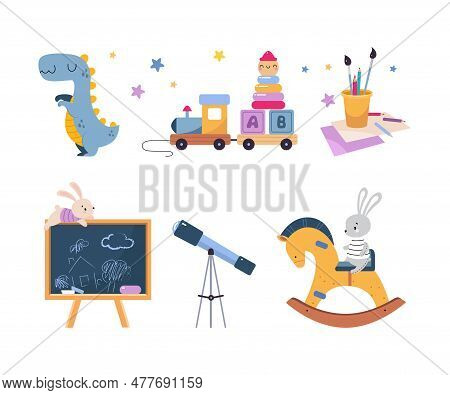 Colorful Kids Toy With Train, Dinosaur, Telescope, Rocking Horse And Chalkboard Vector Illustration 