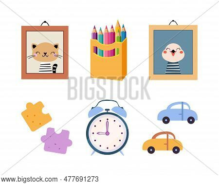 Colorful Kids Toy With Frame, Pencil, Jigsaw Puzzle, Clock And Car Vector Illustration Set