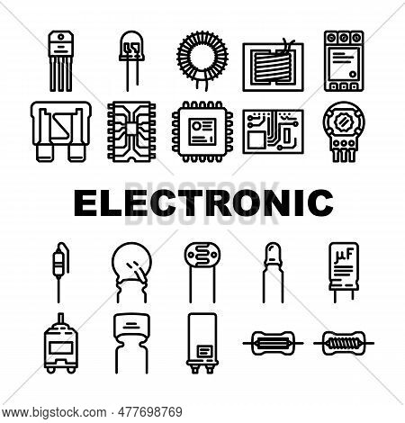Component Electronic Chip Icons Set Vector. Microchip Circuit, Hardware Engineering, Part Processor,