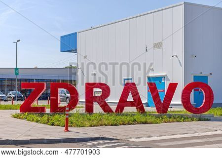 Belgrade, Serbia - May 06, 2023: Big Red 3d Letters Welcome Message Hello Serbian Language Zdravo Si