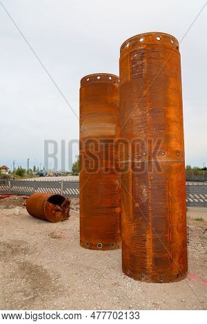 A Caisson In Use On A Construction Site, For The Construction Of A Foundation.