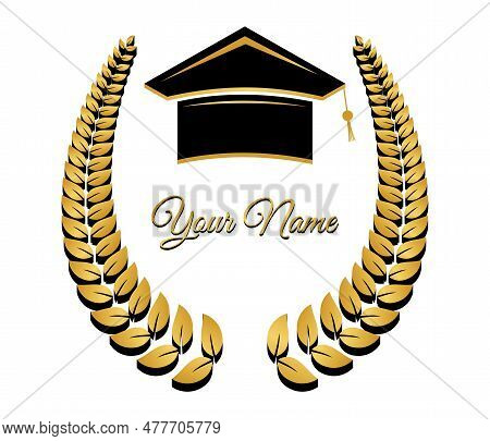 Happy Graduation Design With Circular Leaf Model And Graduation Cap In Gold And Black Colors