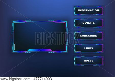 Twitch Stream Panel Overlay Template. Digital Streaming Screen Interface. Live Video Stream Overlay 