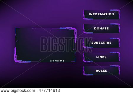 Twitch Stream Panel Overlay Template. Digital Streaming Screen Interface. Live Video Stream Overlay 