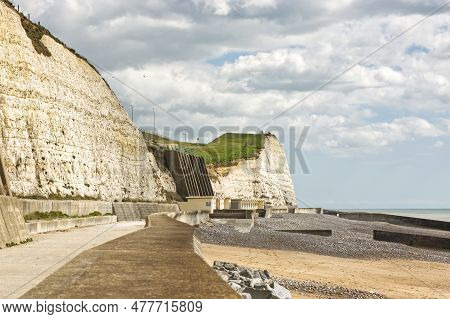 Seafront Promenade And White Chalk Cliffs At Saltdean Near Brighton In East Sussex, England
