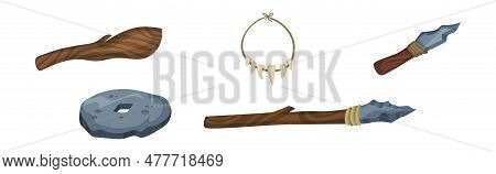 Stone Age Objects And Hunting Weapons With Stick And Spear Vector Set