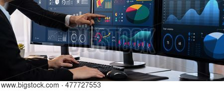 Analyst Working On Data Analysis Or Bi Dashboard On Computer Monitor. Business Team Analyzing Financ