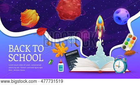 Space Paper Cut Rocket Launch, Galaxy Planets And School Education Items. Vector Back To School Bann