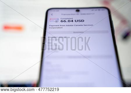 Payoneer App And Payment From Adobe Canada Services Corporation On Smartphone Screen. Ankara, Turkey