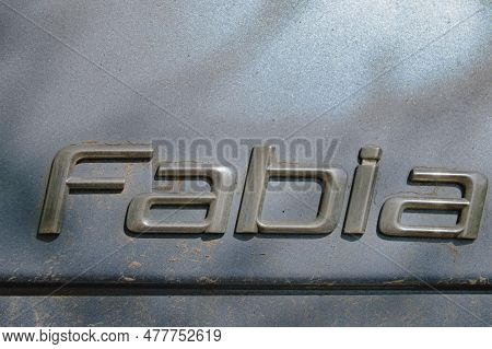Kyiv, Ukraine-april 29, 2023:the Fabia Text Icon On The Back Of Vehicle. Text On Dirty Surface.  Car