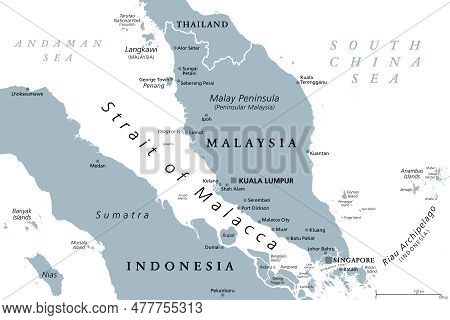 Strait Of Malacca, Gray Political Map. Important Shipping Lane And A Main Shipping Channel Between M