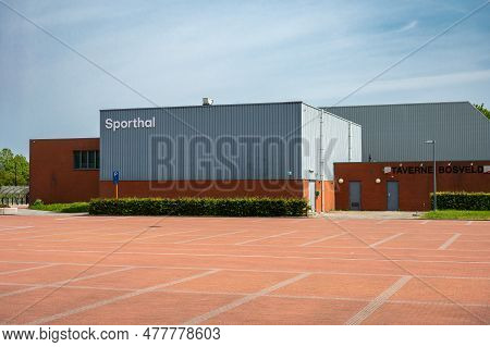 Machelen, Flemish Brabant, Belgium -  May 29, 2023 - Sports Field And Hall At The Local Sports And R