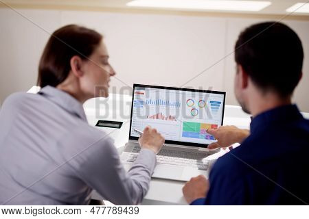 Two Analyst Using Kpi Dashboard On Laptop Computer