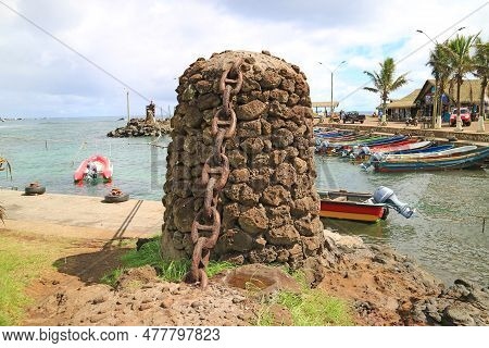 Old Mooring Bollard Of Hanga Roa Otai Bay, The Most Crowded Bay On Easter Island, Chile, South Ameri