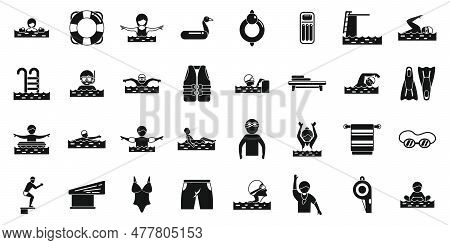 Swimming Lessons Icons Set Simple Vector. Gym Towel. Bag Swim