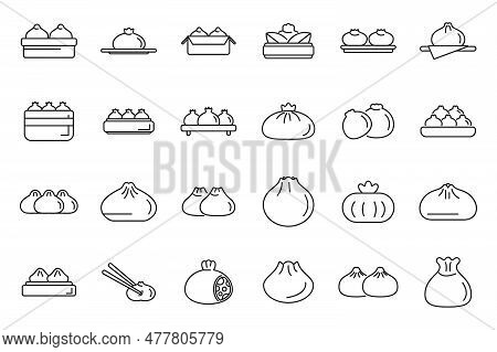 Baozi Icons Set Outline Vector. Asia Cooking. Cuisine Manju