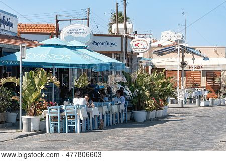 Larnaca, Cyprus - April 16, 2022: Traditional Fish Taverns On Piale Pasha Promenade