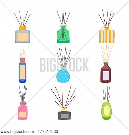 Aroma Sticks Set Cartoon. Fragrance Oil, Perfume Bottle, Therapy Spa, Scent Diffuser Aroma Sticks Si