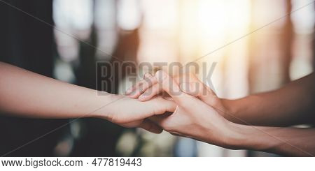 Husband And Wife Join Hands To Cheer ,relationship Care Concept ,comforting Family Members ,mutual E
