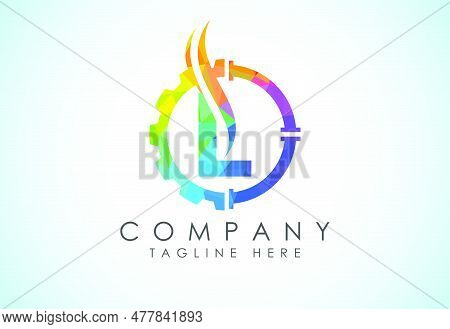 Initial Low Poly Alphabet With Gear Pipe And Flame. Oil And Gas Logo Concept