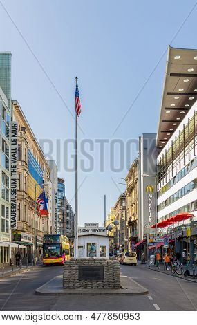 Berlin, Germany - May 30, 2023: Checkpoint Charlie In Berlin, Germany. The Best-known Berlin Wall Cr