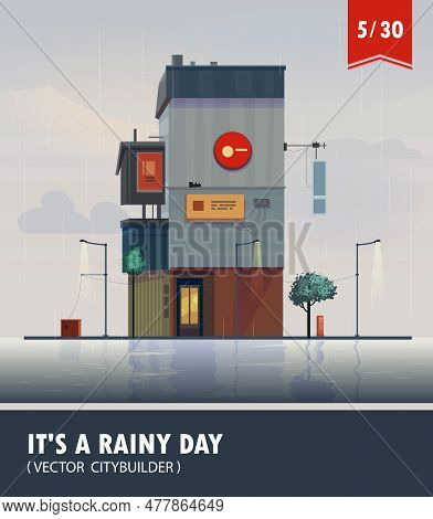 Vector Set Of Cityscape With Building. Vector Cartoon Illustration Of Rainy Landscape With Buildings