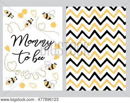 Mothers Day Banner Design Set Text Mommy To Bee Decorated Bee, Zig Zag Ornament Card Poster Logo