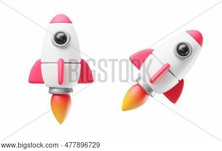 Set Of Rockets Upswing With Flame Ejected 3d Style. Toy Spaceship Rockets Launch. Successful Startup