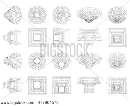 A Set Of Wireframe Geometric Shapes. Network Line Concept. Polygonal Shapes, Funnels, Tunnels, Disto