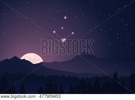 Vector Constellation Norma In Dark Purple, Starry Sky. Misty Hills, Rising Moon, Dark Forest, Mounta