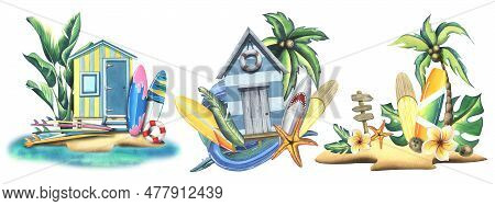 The Beach Blue Cabin Is Wooden, Striped With Surfboards, Trees And Palm Leaves, A Wave And A Starfis