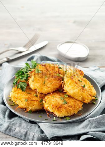 Close Up View Of Potato Pancakes. Potatoes Pancakes Latkes, Flapjacks, Hash Brown Or Potato Vada On 